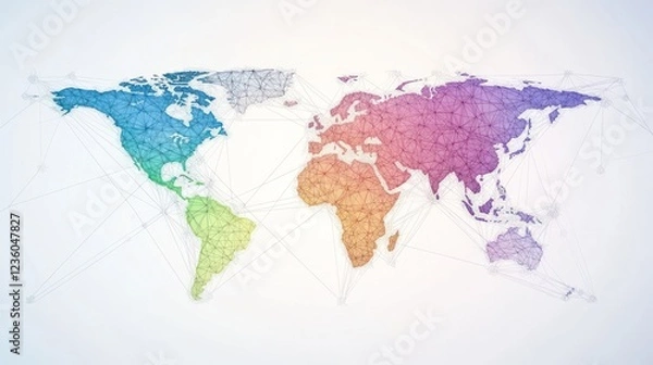 Fototapeta Global network connection map, colorful, digital, white background, data visualization