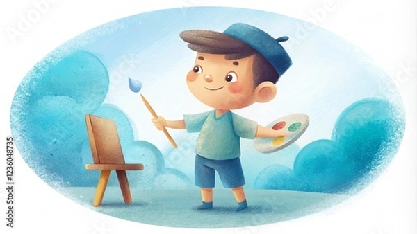 Obraz Charming watercolor illustration of a young child painting on a canvas,  AI generated