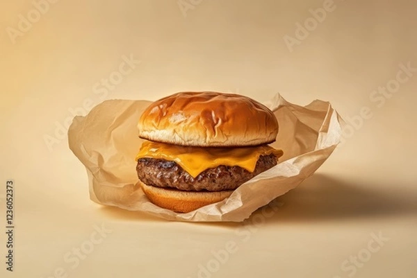 Fototapeta Juicy cheddar burger on a fresh bun wrapped in rustic paper against a soft beige backdrop