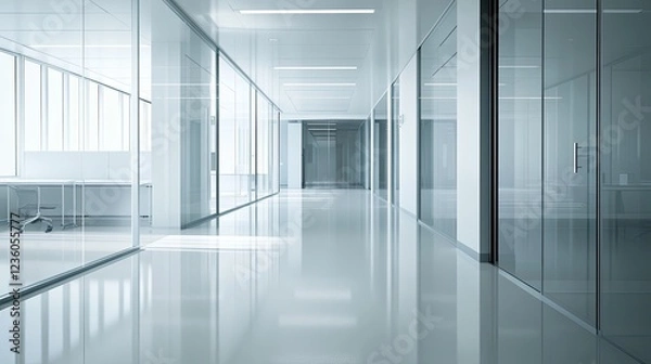 Fototapeta Modern office hallway with glass walls and shiny floor creates a sense of space and light