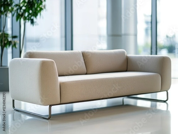 Fototapeta Modern beige sofa in an office lobby area with large glass windows and plants