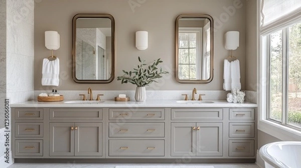 Fototapeta Modern Bathroom with Double Vanity and Gold Fixtures. Generative AI