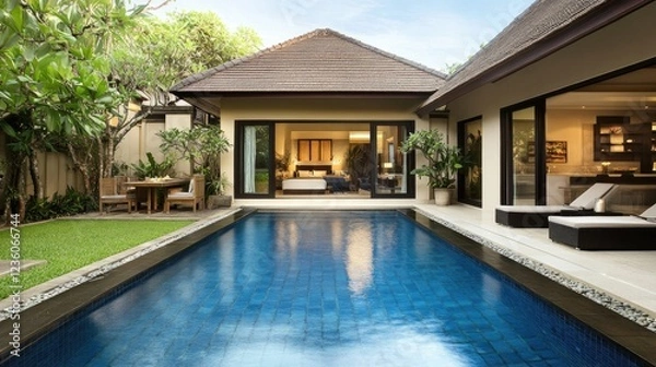 Fototapeta A stylish minimalist villa with a lush courtyard garden, sparkling pool, and sleek black-framed windows embracing natural light
