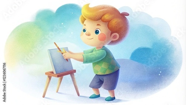 Obraz Charming watercolor illustration of a young child painting on a canvas,  AI generated