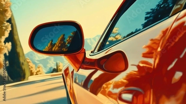 Fototapeta Close-up of a car's side mirror reflecting a scenic road, capturing the rearview perspective in vivid detail.
