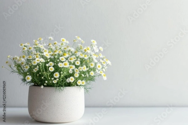 Fototapeta A beautiful still life of a white vase filled with yellow and white flowers, perfect for use in home decor or editorial contexts