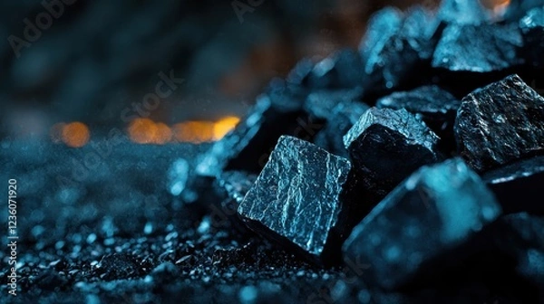 Fototapeta A collection of shimmering coal pieces rests on a textured surface, illuminated by soft ambient light, highlighting their rich black color and intricate surfaces