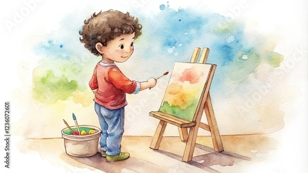 Fototapeta Charming watercolor illustration of a young child painting on a canvas,  AI generated