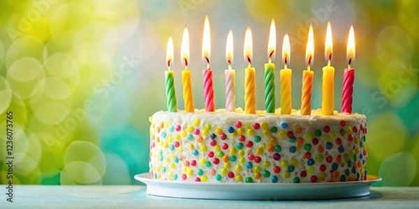 Obraz A celebratory birthday cake with colorful candles and sprinkles, resting on a table, against a bokeh background of yellow and turquoise hues.