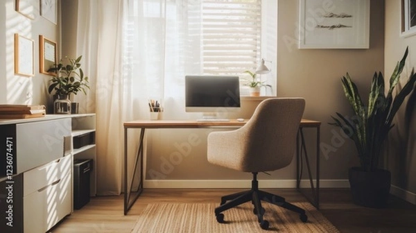 Fototapeta Modern Home Office Workspace with Natural Light and Plants