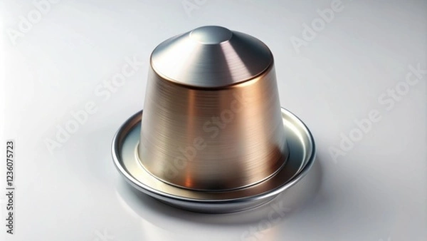 Fototapeta A single metal coffee pod with a brushed finish, featuring a silver top and a golden base, isolated on a white background.