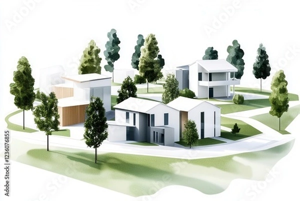 Fototapeta Modern houses in a serene landscape with lush greenery.