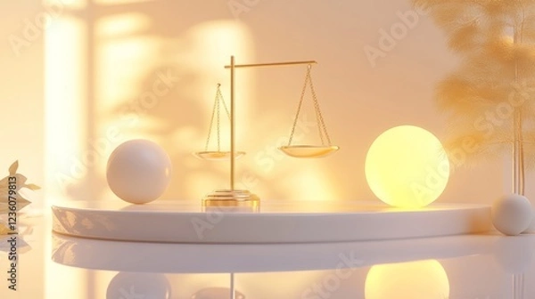 Obraz Golden scales balance on sunlit platform, serene background, product display