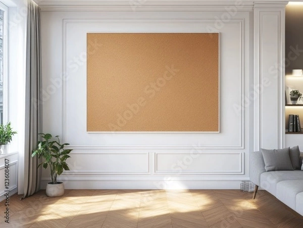 Fototapeta Interior of a bright room with a large cork board and a parquet floor in a modern home