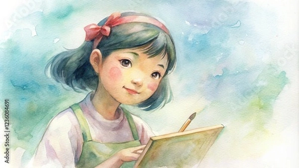 Obraz Charming watercolor illustration of a young child painting on a canvas,  AI generated