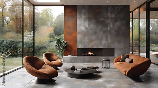 Fototapeta Modern living room with fireplace, autumnal garden view, metal wall tiles, interior design