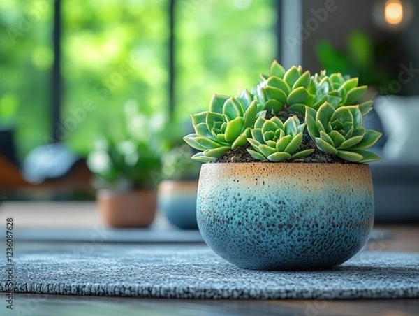 Obraz Close-up of vibrant succulent plants in a decorative pot on a table in a bright room