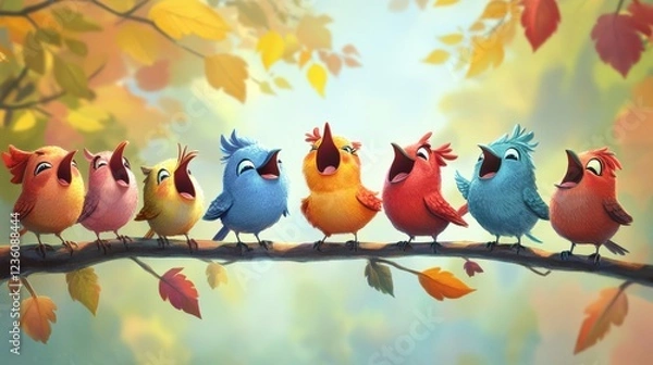 Fototapeta Colorful Cartoon Birds Singing on Tree Branch in Autumn Scene