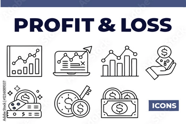 Obraz  set of 33 black and white line icons representing various concepts related to profit and loss, arranged in  a white background. The icons include financial graphs, charts, and symbols, as well as ima