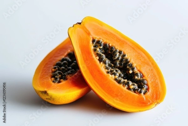 Obraz Fresh papaya cut in half, lying on a clean white surface