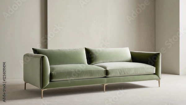 Fototapeta Elegant green sofa situated in a modern living room setting with neutral tones and minimalist decor