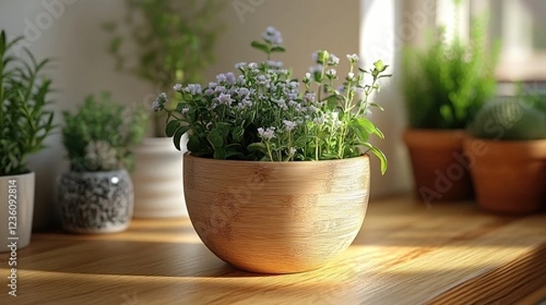 Fototapeta Potted plants on wooden shelf with sunlight streaming through a window creating soft shadows