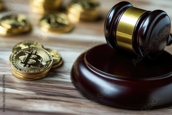 Fototapeta A gavel sits atop a pile of bitcoins, symbolizing the intersection of finance and law