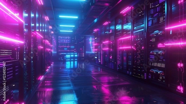 Fototapeta Neon-Lit Modern Data Center