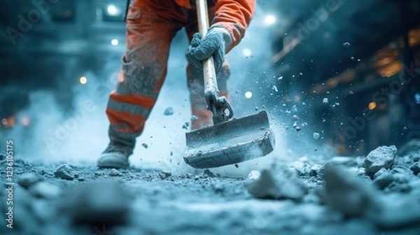 Fototapeta A construction worker shovels rubble in a smoky environment, showcasing the intensity of labor and the industrial setting.