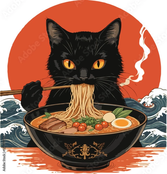 Fototapeta Black cat with striking orange eyes eating ramen from large bowl. Generative AI.