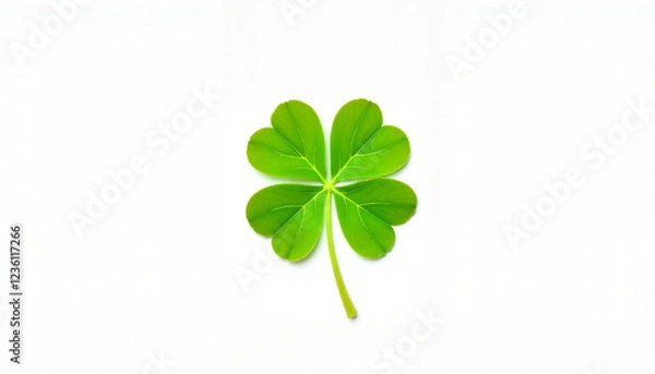 Fototapeta Single shamrock clover on white background, simplicity and luck