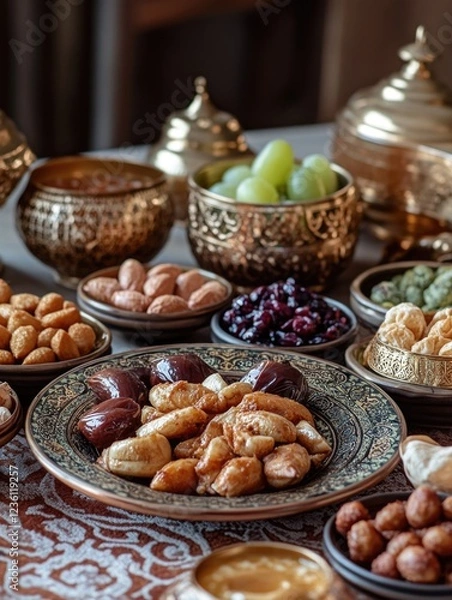 Fototapeta An array of Middle Eastern desserts, snacks, and dried fruits in ceramic bowls with gold accents, reflecting the rich culinary heritage.