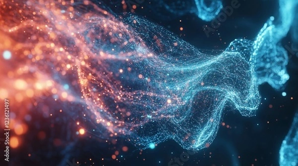 Fototapeta Abstract render of digital network with glowing nodes in red and blue color scheme