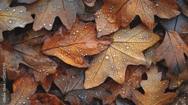 Fototapeta Colorful fallen leaves covered in dew on a rainy day