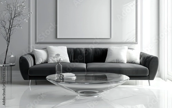 Fototapeta Modern living room with a sleek charcoal gray velvet sofa, minimalist white cushions, and a floating glass coffee table, creating a sophisticated and balanced space