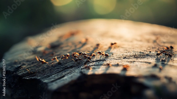 Fototapeta Macro shot of ants on a wooden surface, with a blurred background and natural lighting