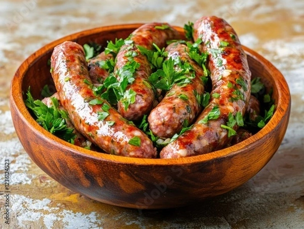 Fototapeta Sausage in a bowl with sauce, garnished with herbs for flavor and texture.