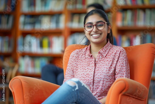 Obraz Intelligent South Asian woman, student with glasses, sits in an orange armchair smiling at the camera while being interviewed by another person in front of bookshelves. In a background library setting