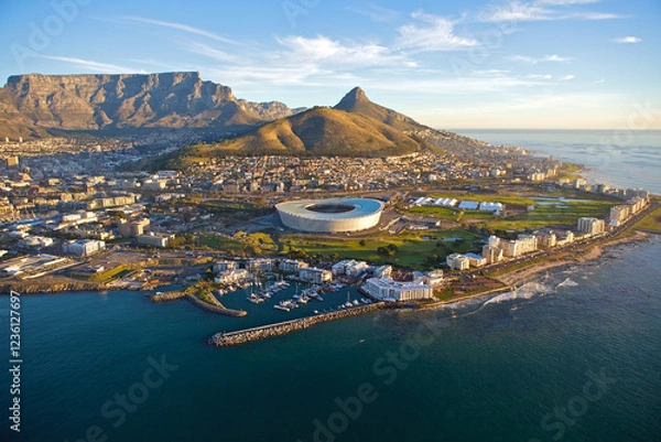 Fototapeta An aerial photograph of the  beautiful city of Cape Town, South Africa. with Table Mountain and Lions Head visible in the background