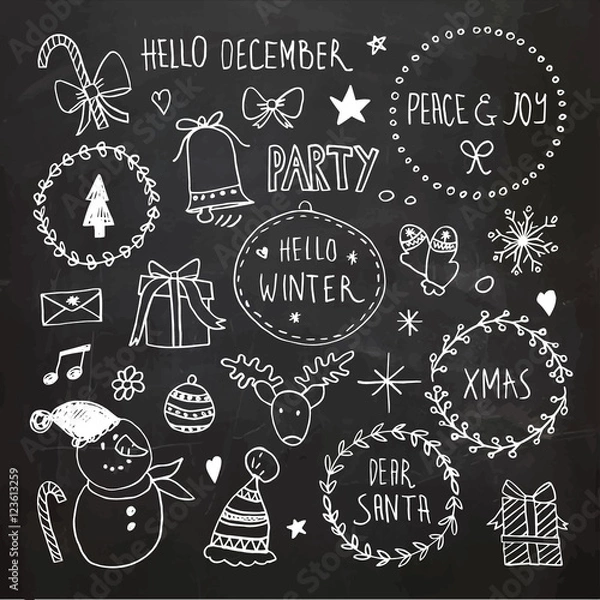 Fototapeta Chalkboard Christmas doodles set