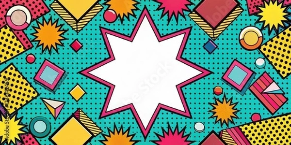 Fototapeta Brightly Colored Geometric Shapes with Starburst Pattern and White Space for Text