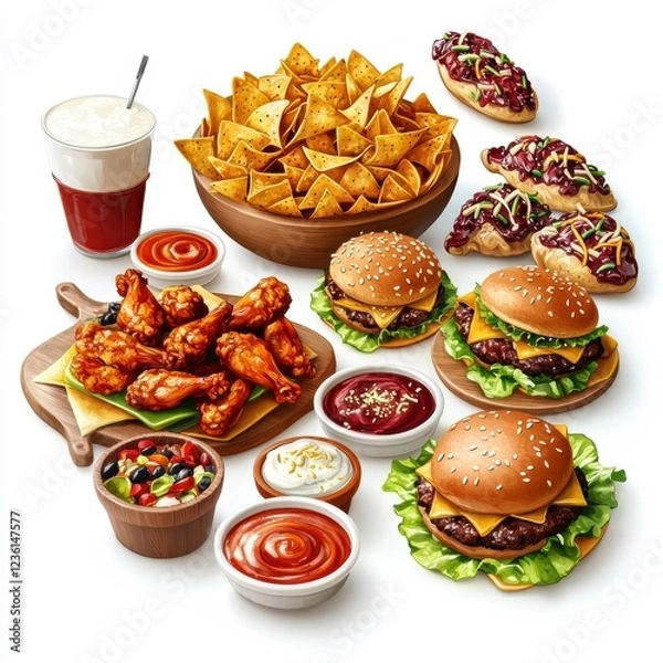 Fototapeta Super Bowl party table filled with classic snacks: chicken wings, nachos with cheese, burgers, and dipping sauces, isolated on a clean white background