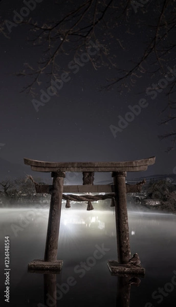 Obraz 밤에 안개가 낀 일본 호수의 토리