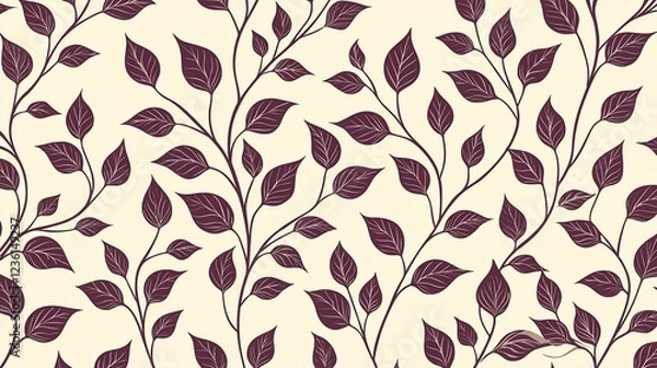 Fototapeta Seamless pattern with dark purple leaves and branches on a beige background.