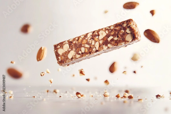 Fototapeta A protein bar suspended mid-air with floating crumbs and nuts, glossy and textured with hints of chocolate.