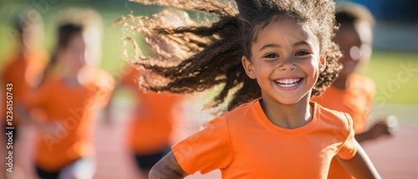 Fototapeta Child running joyfully on track with friends during sports day. Excitement, teamwork, and healthy activity in outdoor athletic event for youth development.