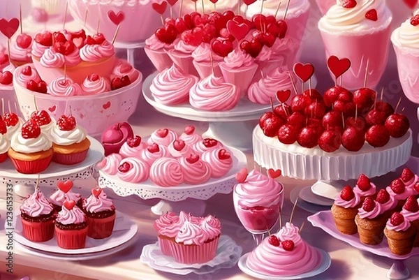 Fototapeta A delightful display of pink-themed desserts, featuring cupcakes, mousse, and heart decorations.