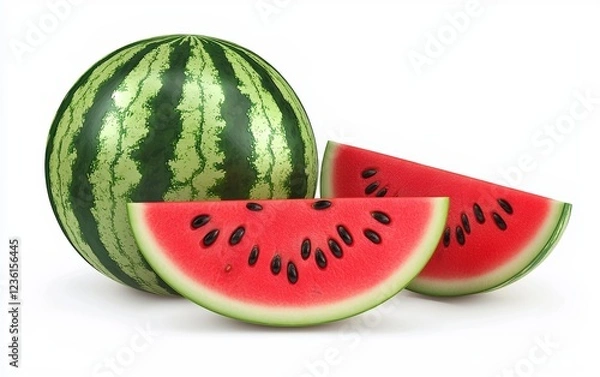 Fototapeta Whole and sliced watermelon with juicy red flesh and black seeds isolated on a white background