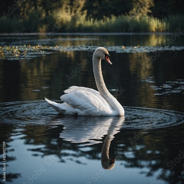 Obraz A delicate white swan with a single black feather floating on a mirror lake.