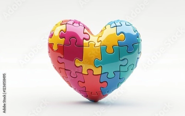 Fototapeta Heart built from colorful puzzle pieces for Saint Valentines Day and 8 March Womens Day isolated on a white background